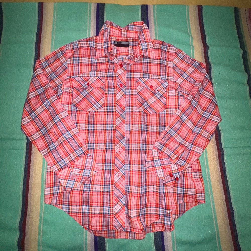 VIP Plaid Button Up Shirt Mens Large Red Multi Long Sleeve Workwear AY83